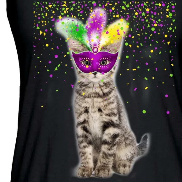 Cat Mardi Gras Mask and Beads Ladies Essential Flowy Tank