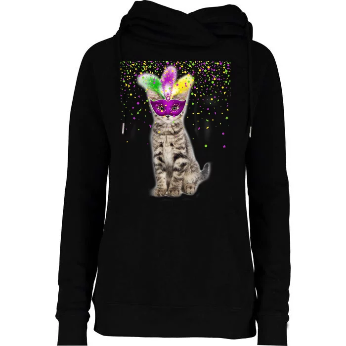 Cat Mardi Gras Mask and Beads Womens Funnel Neck Pullover Hood