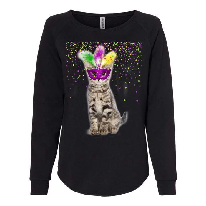 Cat Mardi Gras Mask and Beads Womens California Wash Sweatshirt