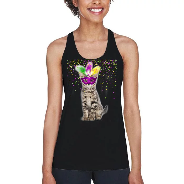 Cat Mardi Gras Mask and Beads Women's Racerback Tank