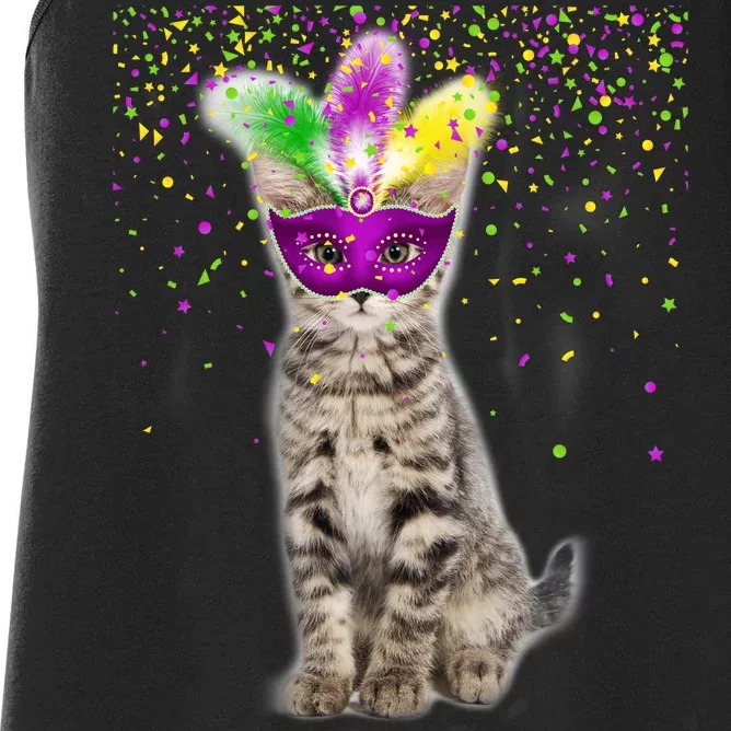 Cat Mardi Gras Mask and Beads Women's Racerback Tank