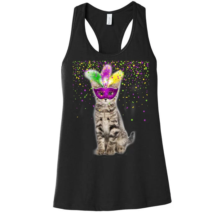 Cat Mardi Gras Mask and Beads Women's Racerback Tank