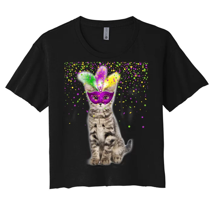 Cat Mardi Gras Mask and Beads Women's Crop Top Tee