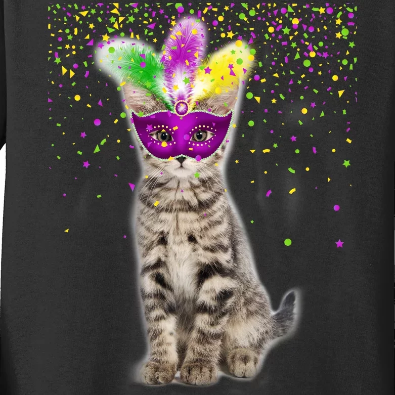 Cat Mardi Gras Mask and Beads Kids Long Sleeve Shirt