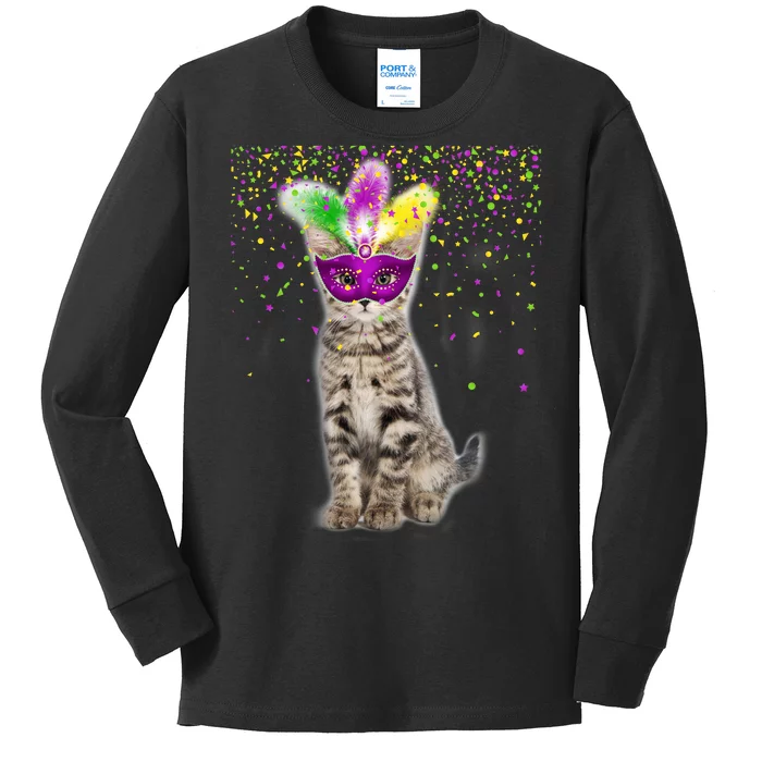 Cat Mardi Gras Mask and Beads Kids Long Sleeve Shirt