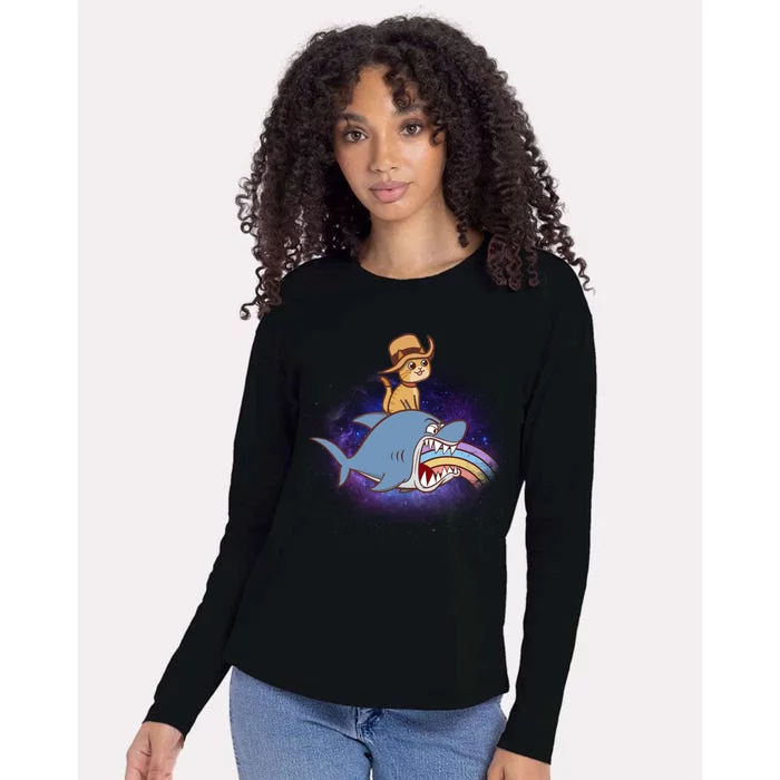 Cat Riding Shark Rainbow Bite Womens Cotton Relaxed Long Sleeve T-Shirt