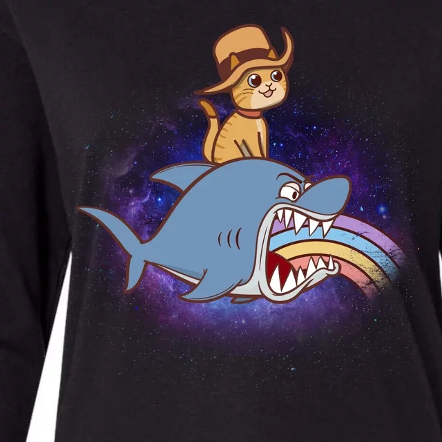 Cat Riding Shark Rainbow Bite Womens Cotton Relaxed Long Sleeve T-Shirt