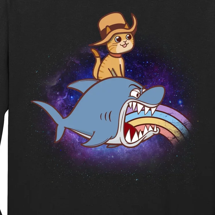 Cat Riding Shark Rainbow Bite Tall Long Sleeve T-Shirt