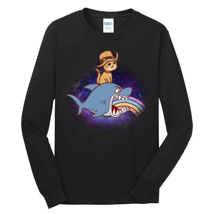 Cat Riding Shark Rainbow Bite Tall Long Sleeve T-Shirt