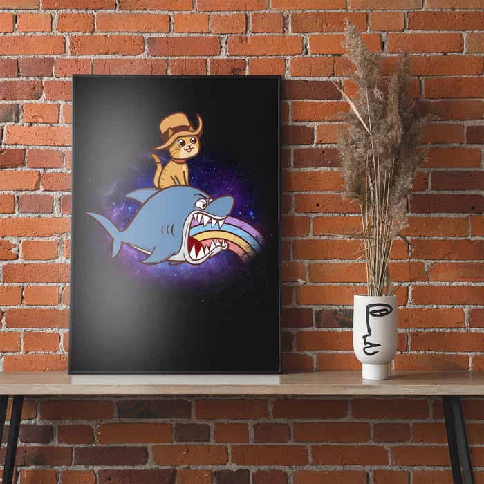 Cat Riding Shark Rainbow Bite Poster