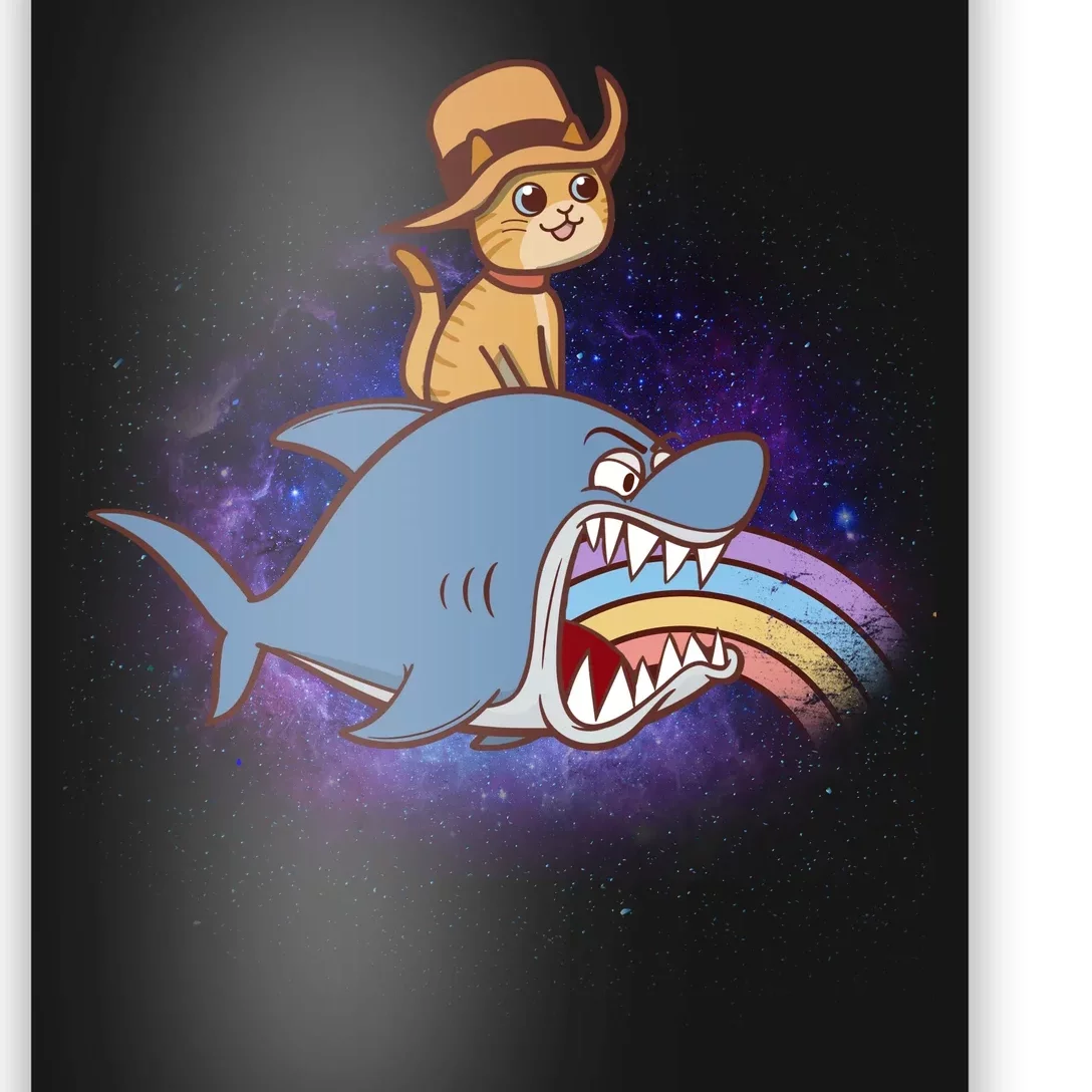 Cat Riding Shark Rainbow Bite Poster