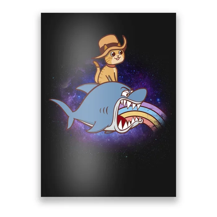 Cat Riding Shark Rainbow Bite Poster