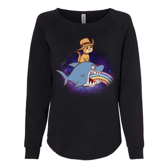 Cat Riding Shark Rainbow Bite Womens California Wash Sweatshirt