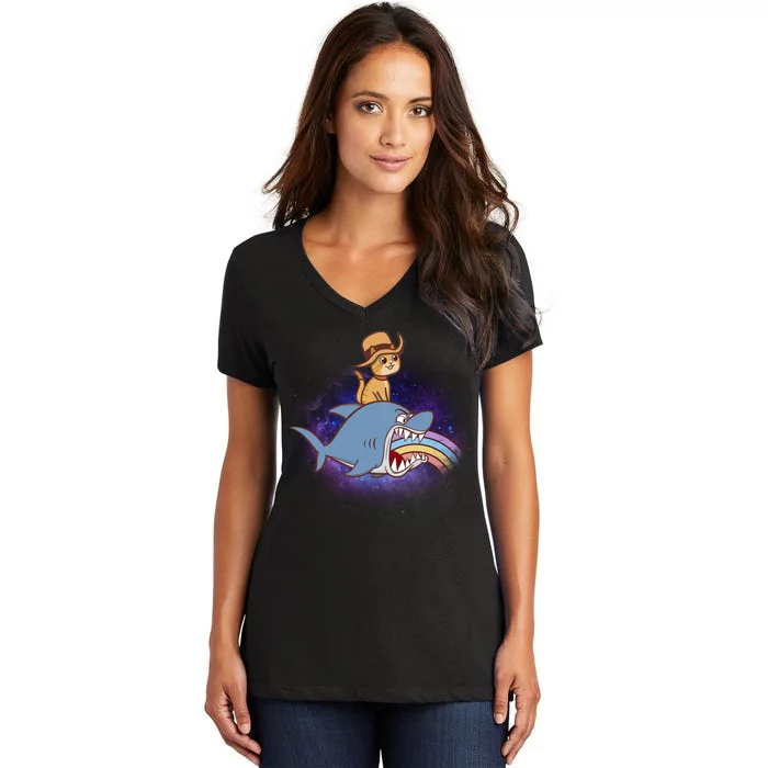 Cat Riding Shark Rainbow Bite Women's V-Neck T-Shirt