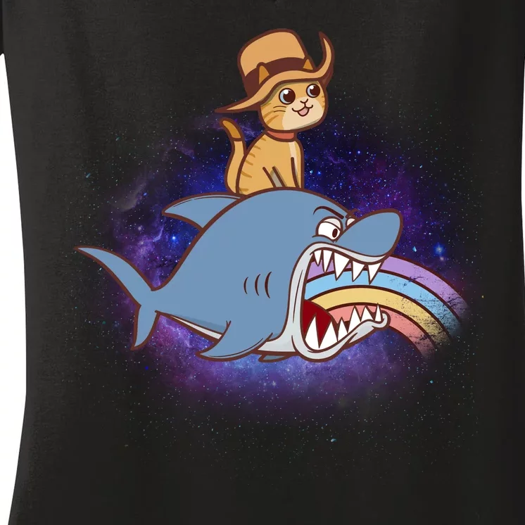 Cat Riding Shark Rainbow Bite Women's V-Neck T-Shirt