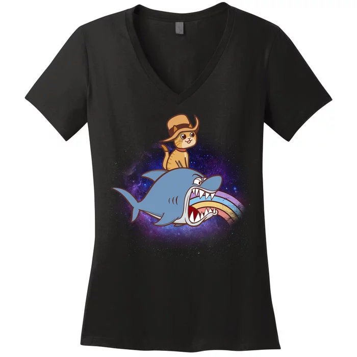 Cat Riding Shark Rainbow Bite Women's V-Neck T-Shirt