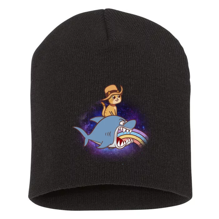 Cat Riding Shark Rainbow Bite Short Acrylic Beanie