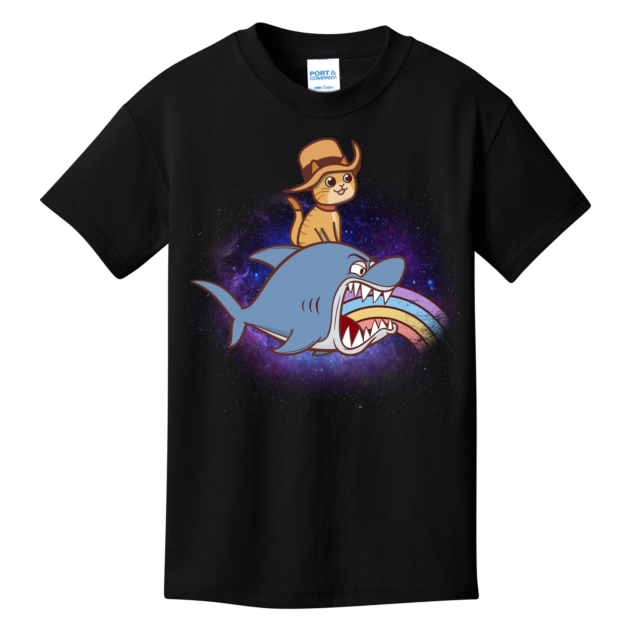 Cat riding shark rainbow sales shirt