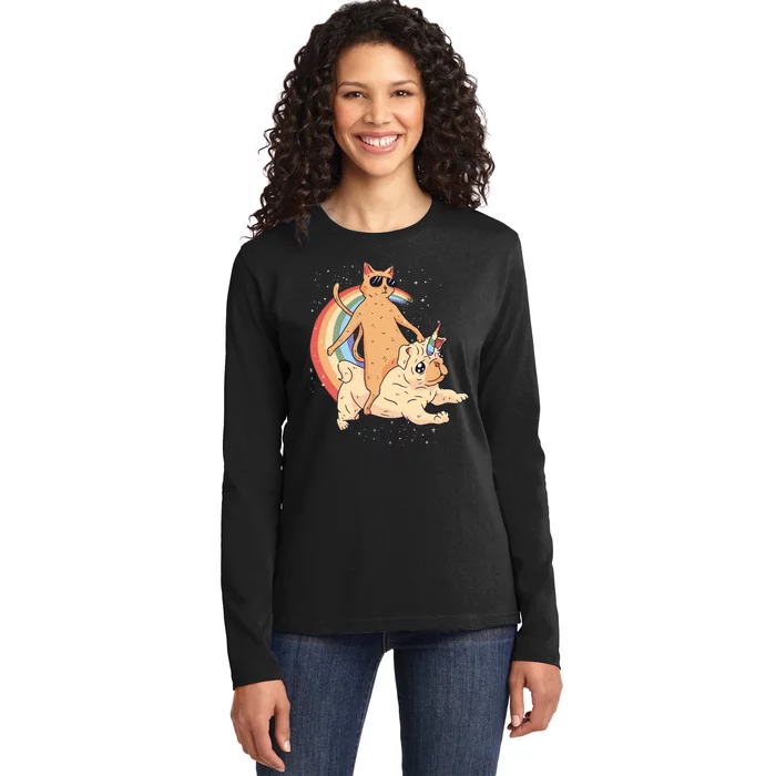 Cat Riding Unidog Funny Dog Unicorn Ladies Long Sleeve Shirt