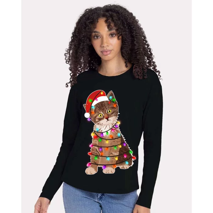 Cat Tangled in Christmas Lights Santa Kitten Womens Cotton Relaxed Long Sleeve T-Shirt