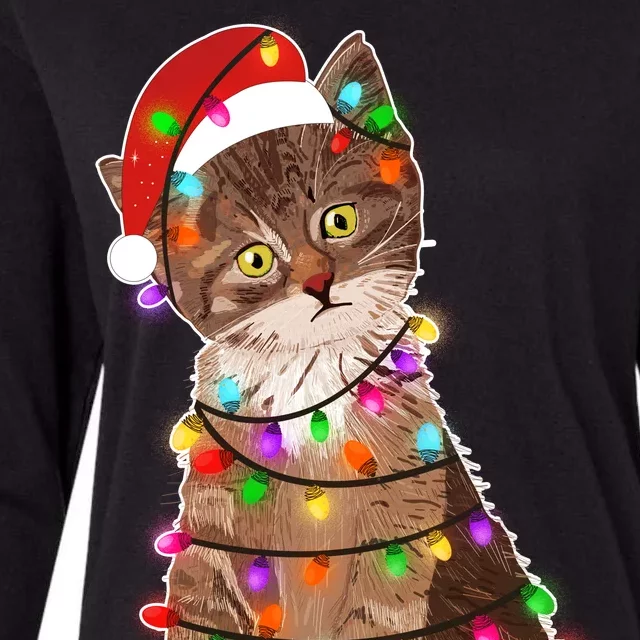 Cat Tangled in Christmas Lights Santa Kitten Womens Cotton Relaxed Long Sleeve T-Shirt