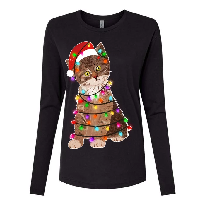 Cat Tangled in Christmas Lights Santa Kitten Womens Cotton Relaxed Long Sleeve T-Shirt