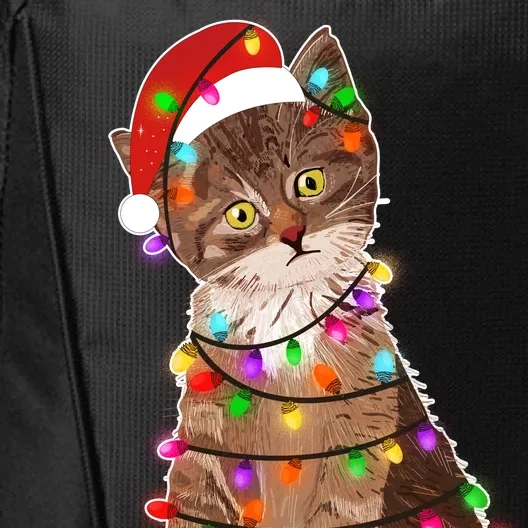 Cat Tangled in Christmas Lights Santa Kitten City Backpack