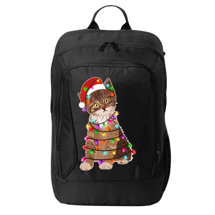 Cat Tangled in Christmas Lights Santa Kitten City Backpack