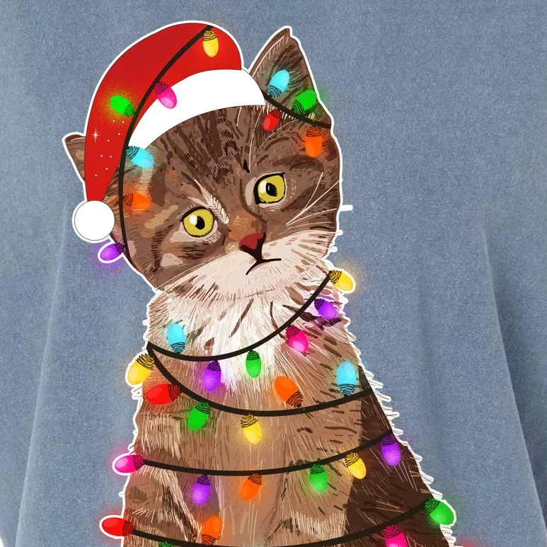 Cat Tangled in Christmas Lights Santa Kitten Garment-Dyed Women's Muscle Tee