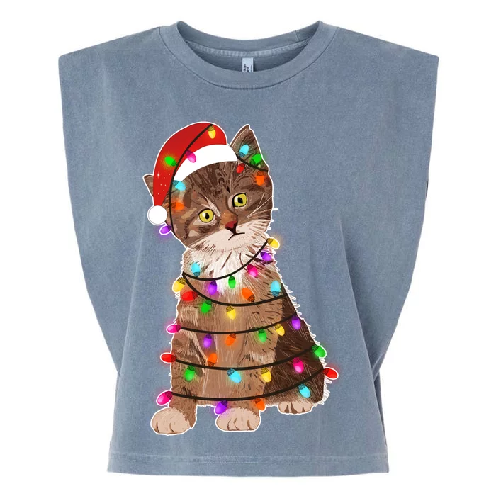 Cat Tangled in Christmas Lights Santa Kitten Garment-Dyed Women's Muscle Tee