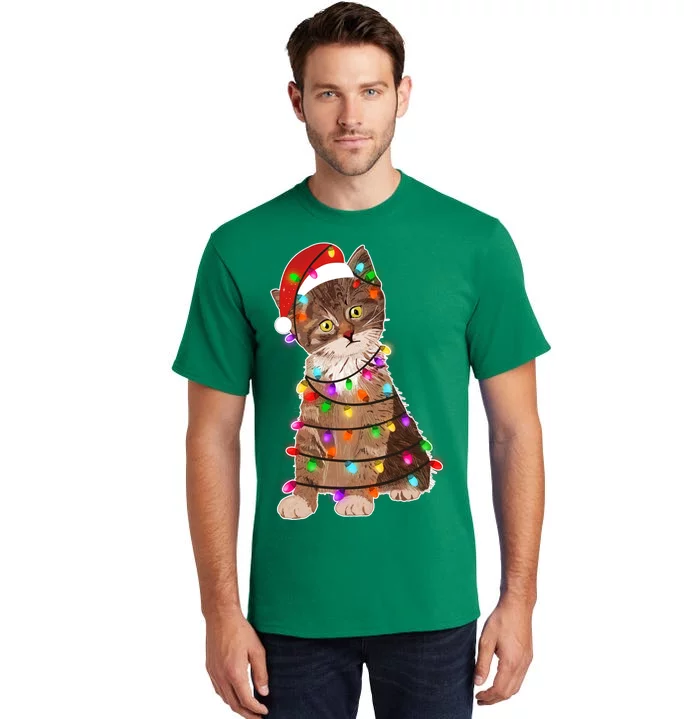 Cat Tangled in Christmas Lights Santa Kitten Tall T-Shirt