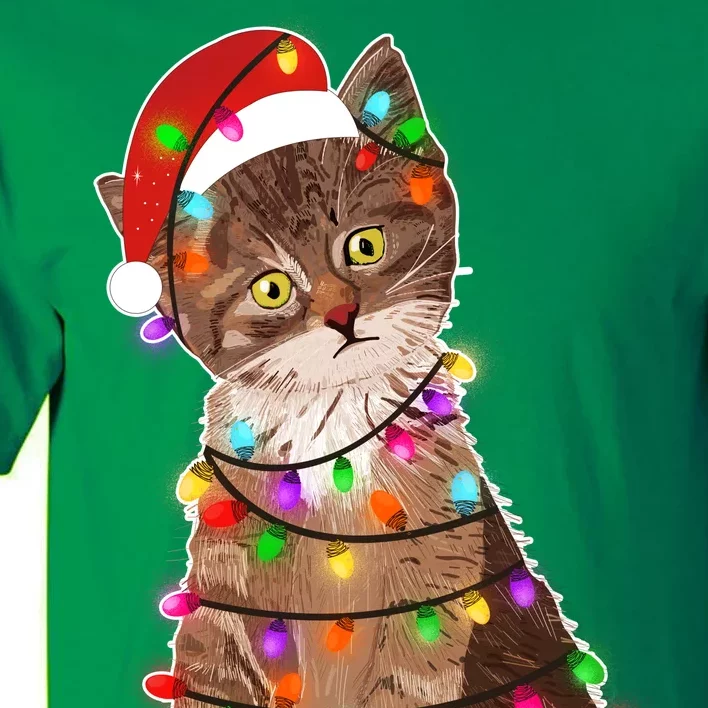 Cat Tangled in Christmas Lights Santa Kitten Tall T-Shirt