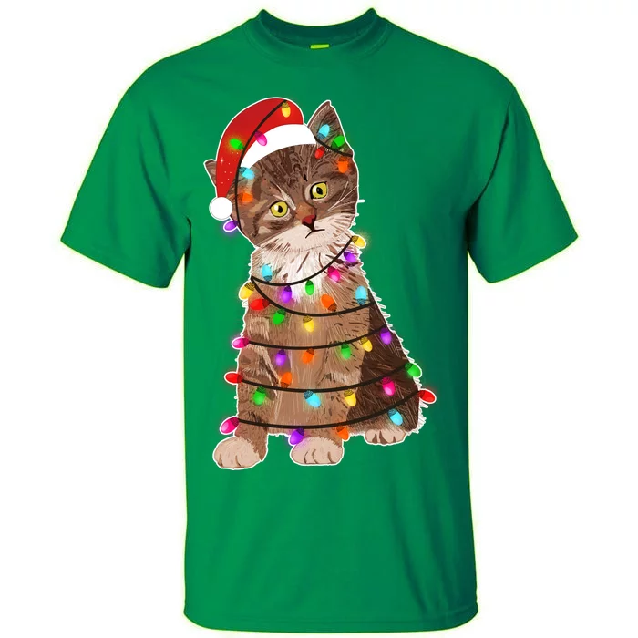 Cat Tangled in Christmas Lights Santa Kitten Tall T-Shirt