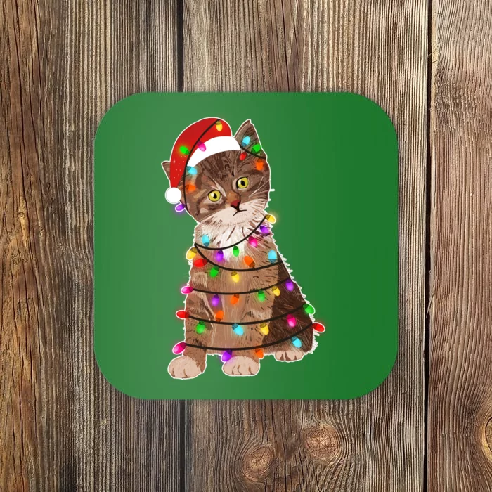 Cat Tangled in Christmas Lights Santa Kitten Coaster