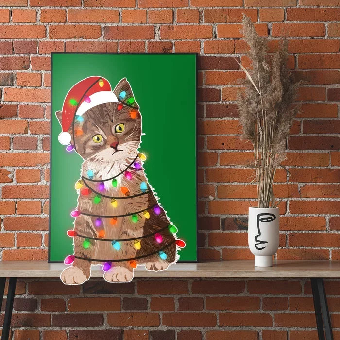 Cat Tangled in Christmas Lights Santa Kitten Poster