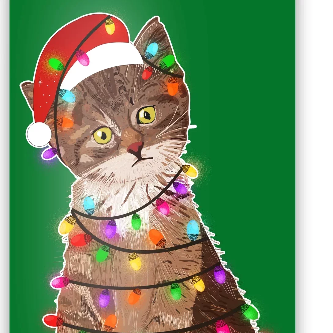 Cat Tangled in Christmas Lights Santa Kitten Poster