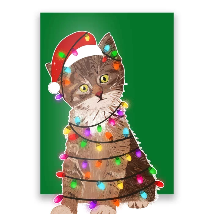 Cat Tangled in Christmas Lights Santa Kitten Poster