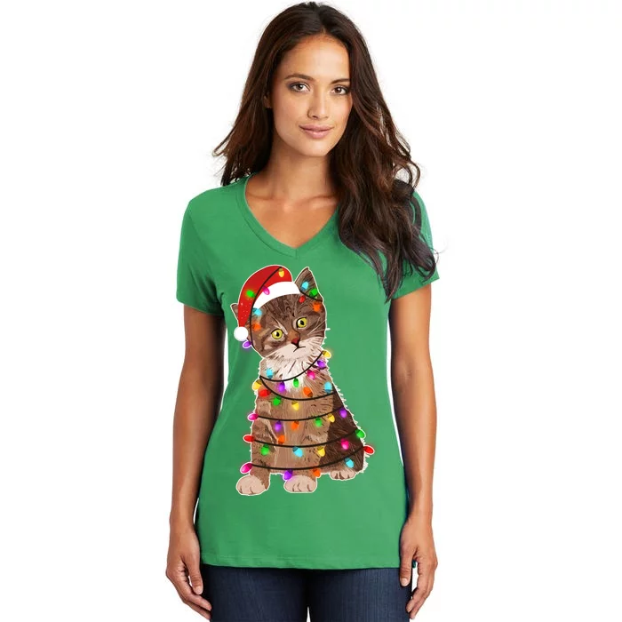 Cat Tangled in Christmas Lights Santa Kitten Women's V-Neck T-Shirt