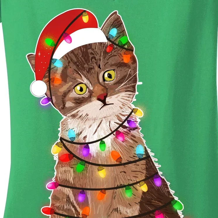 Cat Tangled in Christmas Lights Santa Kitten Women's V-Neck T-Shirt