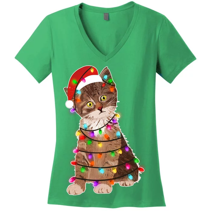 Cat Tangled in Christmas Lights Santa Kitten Women's V-Neck T-Shirt