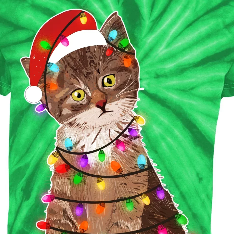 Cat Tangled in Christmas Lights Santa Kitten Kids Tie-Dye T-Shirt