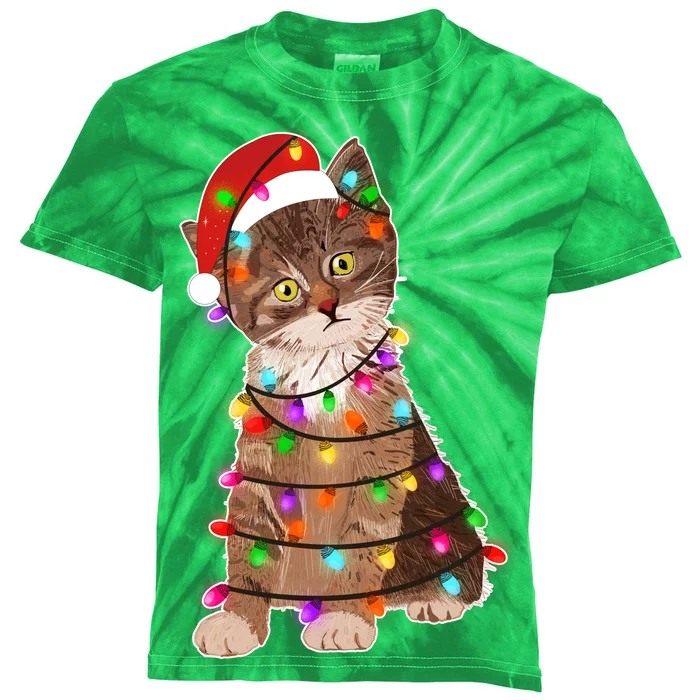 Cat Tangled in Christmas Lights Santa Kitten Kids Tie-Dye T-Shirt