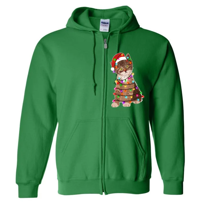 Cat Tangled in Christmas Lights Santa Kitten Full Zip Hoodie