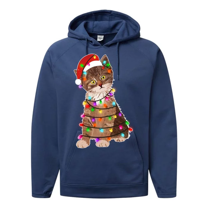 Cat Tangled in Christmas Lights Santa Kitten Performance Fleece Hoodie