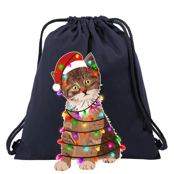 Cat Tangled in Christmas Lights Santa Kitten Drawstring Bag