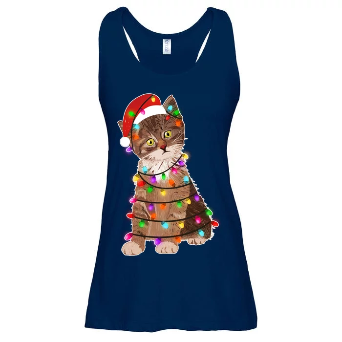 Cat Tangled in Christmas Lights Santa Kitten Ladies Essential Flowy Tank