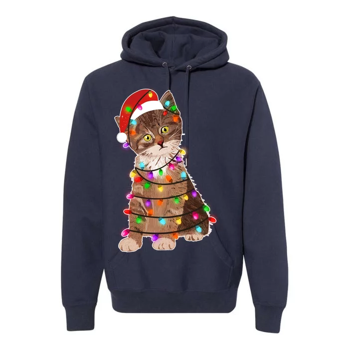 Cat Tangled in Christmas Lights Santa Kitten Premium Hoodie