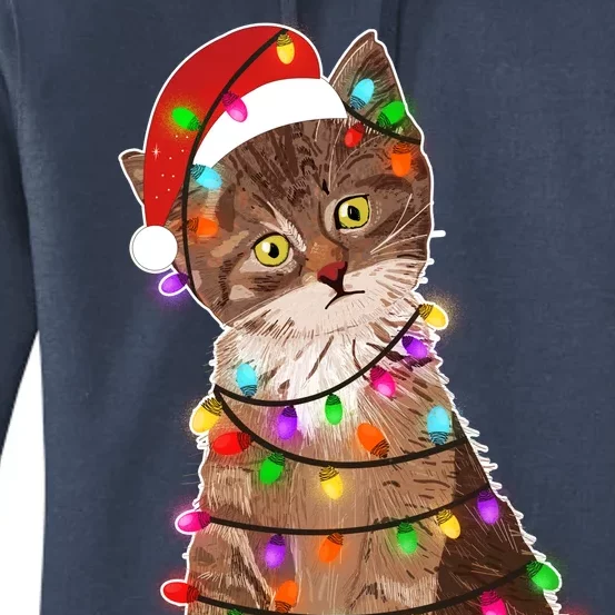 Cat Tangled in Christmas Lights Santa Kitten Women's Pullover Hoodie