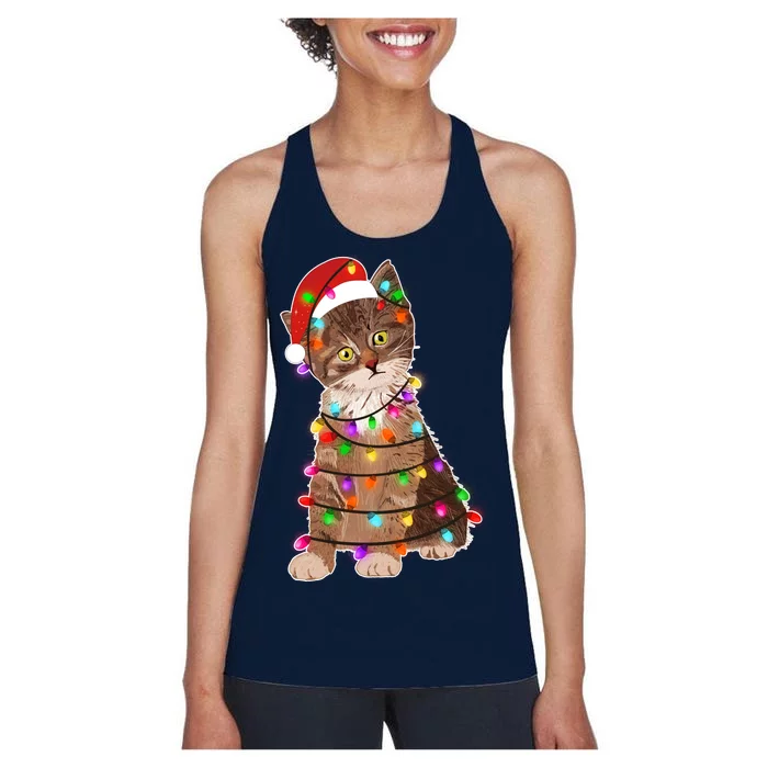 Cat Tangled in Christmas Lights Santa Kitten Women's Racerback Tank