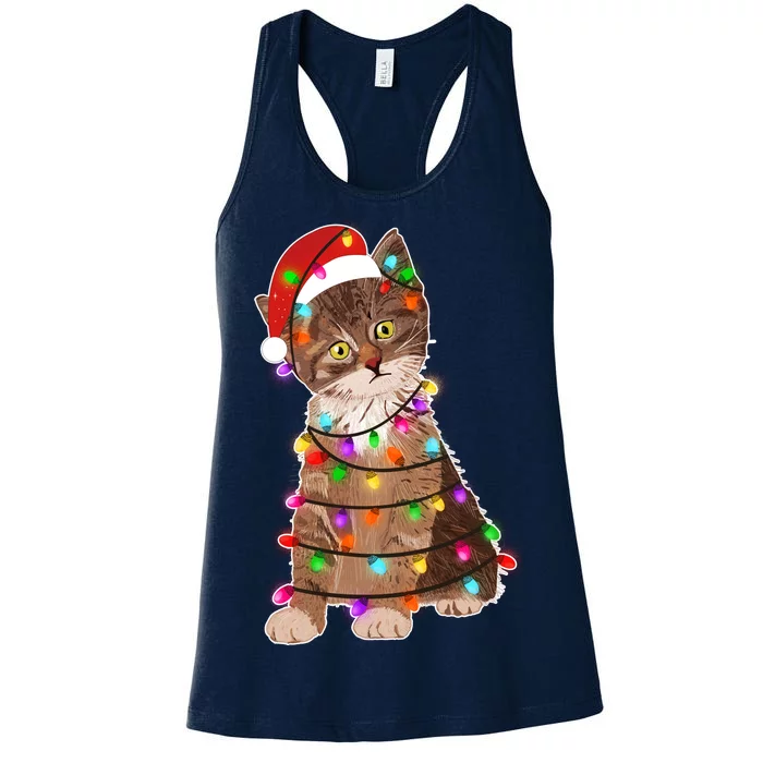 Cat Tangled in Christmas Lights Santa Kitten Women's Racerback Tank